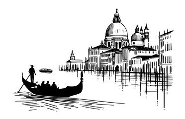 venice gondola ride sketch vector black and white engraving style