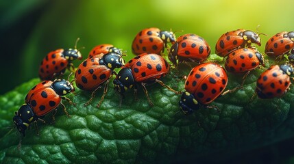 Fototapeta premium Ladybug cluster on vibrant green leaf, sunlit background
