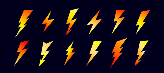 Lightning, flash, thunderbolt. Energy flash icon set, thunderbolt lightning symbol. Graphic set of simple lightning, flash, thunderbolt, abstract shape, design elements. Vector Illustration
