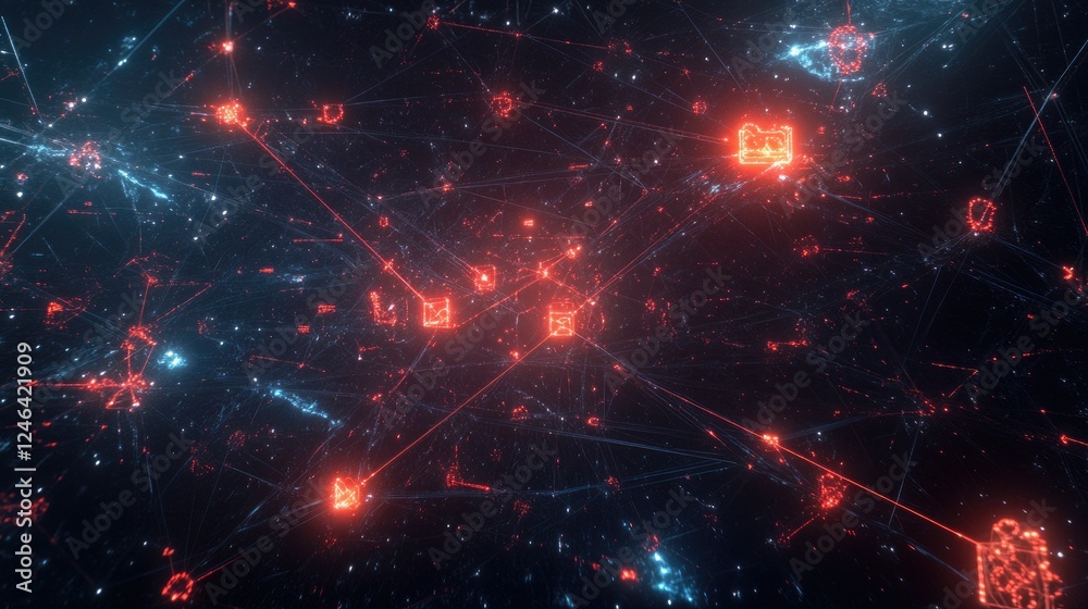 Poster abstract visualization of business strategy with interconnected nodes and glowing data points.