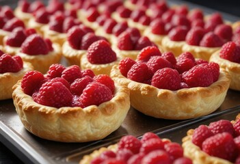 Raspberries and cream-filled pastry cases on a tray , , layered pastries