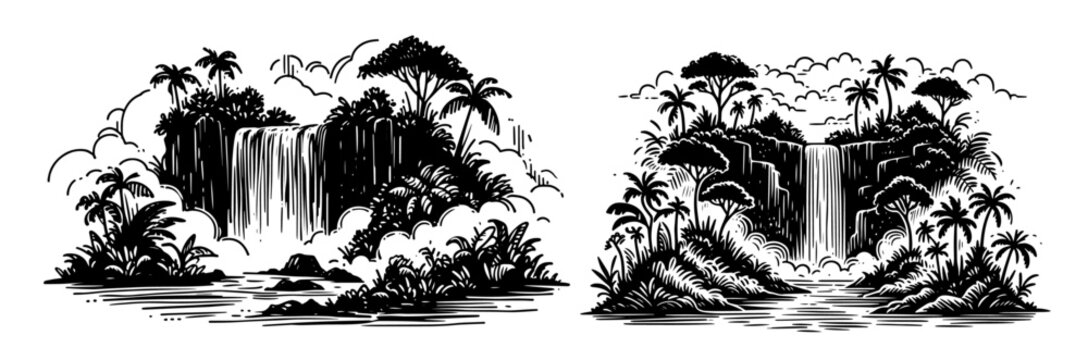 tropical waterfall sketch vector black and white engraving style