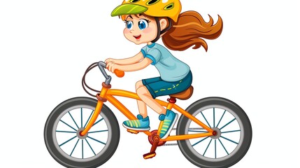 Fototapeta premium A happy cartoon girl rides her bicycle wearing a helmet.