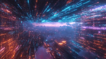 Fototapeta premium A D-rendered cloud computing infrastructure with global data connections glowing in neon blue.