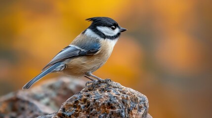 Obraz premium Close-up of a small bird perched on a rock with autumn foliage in the background