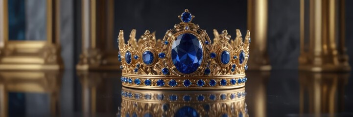 Regal crown with sapphire gems on a mirror backdrop, royal, crown