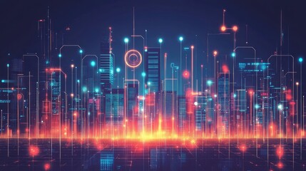 Fototapeta premium AI-generated futuristic cityscape with abstract glowing tech elements.