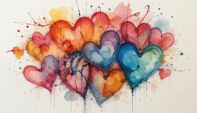 An expressive watercolor illustration where multiple abstract hearts blend into one harmonious form