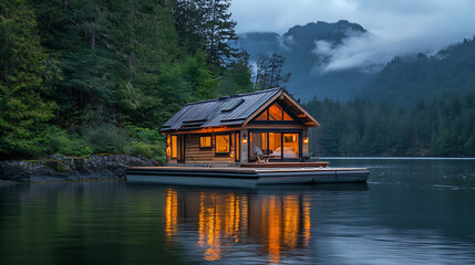 Obraz premium A beautifully designed floating tiny home on a serene lake