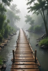 River flowing beneath bamboo bridge with misty atmosphere, fog, bridge