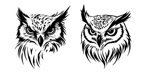 Obraz premium two owl heads black vector decorative engraving and laser cutting illustration