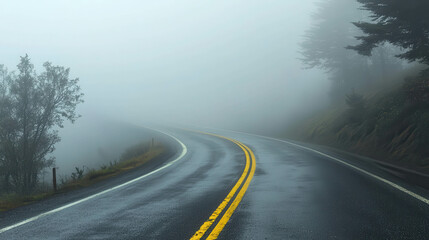Naklejka premium Bright Yellow Lane Markings on a Winding Road Covered in Thick Fog