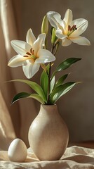 Minimalist Easter Floral Arrangement with White Lilies and Decorative Egg