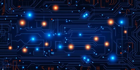 Fototapeta premium Blue Circuit Board with Glowing Orange and Blue Lights, Technology Background, Digital Network