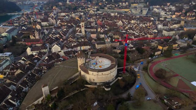 Fort Munot, Schaffhausen, Switzerland aerial view in winter warm weather at dawn. Munot ist Zirkularfestung im Zentrum schweizerischen Stadt Schaffhausen auf Emmersberg in der Schweiz Luftaufnahme. 
