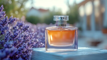 Lavender perfume bottle outdoors, garden setting