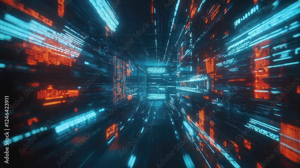 Poster bitcoin and blockchain network connected through a futuristic holographic data display.