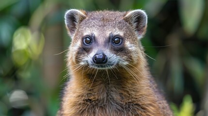 Close-up of a curious mammal with bright eyes in a lush green environment, showcasing wildlife