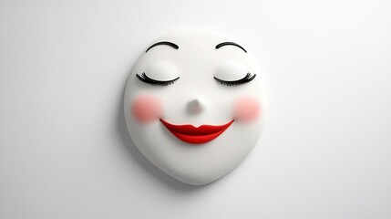 Whimsical Smiling Face with Closed Eyes and Red Lips on White Background