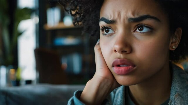 A young woman with curly hair sits on a couch, resting her head on her hand with a thoughtful and concerned expression. The cozy home setting in the background adds depth to the introspective mood.