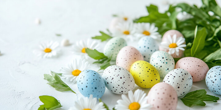 Eine helle, frische Fr&uuml;hlingsszene mit bunten Ostereiern, umgeben von weichen wei&szlig;en G&auml;nsebl&uuml;mchen und gr&uuml;nen Bl&auml;ttern auf einen wei&szlig;en Hintergrund Osterkarte Ostern Frohe Ostern