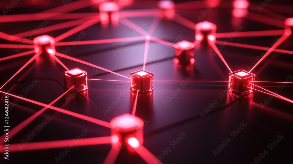 Poster blockchain data visualization with interconnected glowing cubes symbolizing secure transactions.