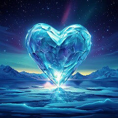 Fototapeta premium A vector illustration of a heart-shaped ice sculpture glowing under a romantic aurora borealis.
