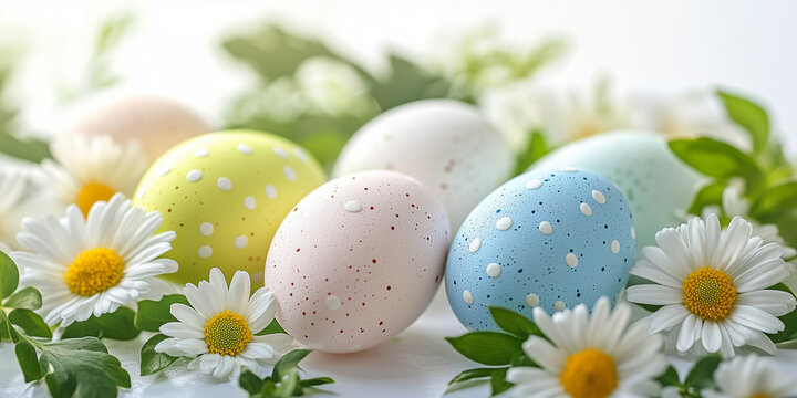 Eine helle, frische Fr&uuml;hlingsszene mit bunten Ostereiern, umgeben von weichen wei&szlig;en G&auml;nsebl&uuml;mchen und gr&uuml;nen Bl&auml;ttern auf einen wei&szlig;en Hintergrund Osterkarte Ostern Frohe Ostern