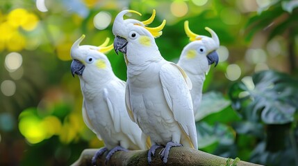 Three vibrant white cockatoos perched on a branch amidst lush greenery and colorful foliage