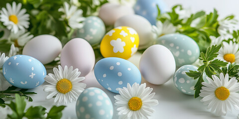 Eine helle, frische Fr&uuml;hlingsszene mit bunten Ostereiern, umgeben von weichen wei&szlig;en G&auml;nsebl&uuml;mchen und gr&uuml;nen Bl&auml;ttern auf einen wei&szlig;en Hintergrund Osterkarte Ostern Frohe Ostern