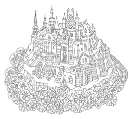 Black and white fantasy landscape, medieval castle town. Adults and children Coloring Book page