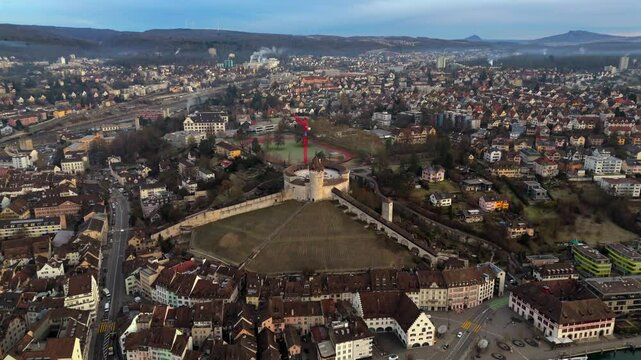 Fort Munot, Schaffhausen, Switzerland aerial view in winter warm weather at dawn. Munot ist Zirkularfestung im Zentrum schweizerischen Stadt Schaffhausen auf Emmersberg in der Schweiz Luftaufnahme. 