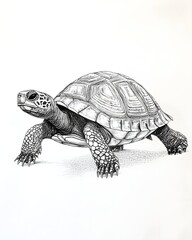 Fototapeta premium Realistic pencil drawing of a turtle walking on a white background, showcasing intricate details