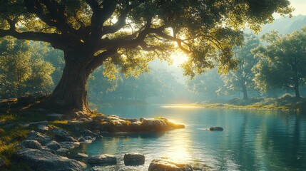 Quiet riverside with trees and stones