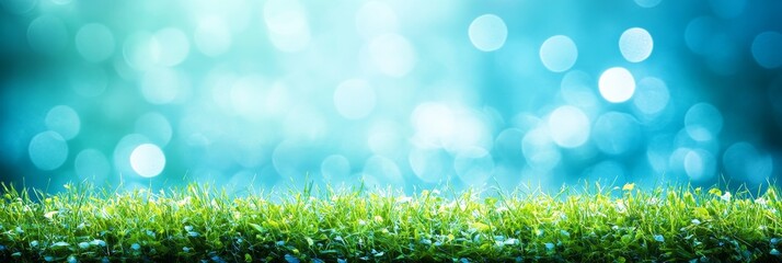 Obraz premium Fresh Green Grass Under Sunlight With Amazing Blurred Blue Sky Background, Panoramic Nature Banner