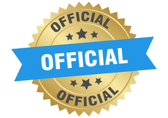 official. official round blue and gold label isolated on transparent background