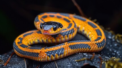 Obraz premium Vibrant orange and black snake coiled on a dark leaf in a lush, tropical environment