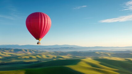 Red hot air balloon flying over green hills and scenic landscape