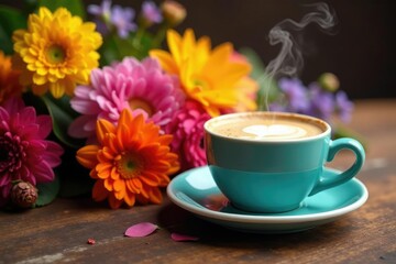 A steaming hot cup of coffee sits amidst a colorful mix of fresh flowers, wooden table, coffee and flowers, coffee table centerpiece