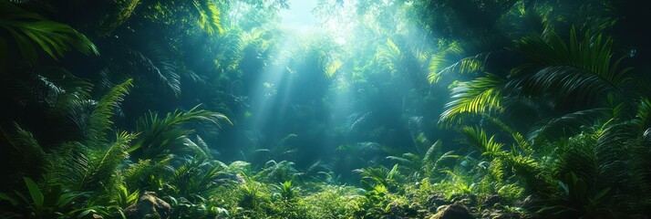 Fototapeta premium Sunbeams Illuminating Lush Tropical Rainforest