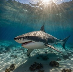 Naklejka premium A great white shark swimming in clear turquoise waters, sunlight filtering through the waves, with a bright sandy ocean floor beneath.