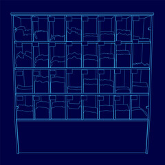 A blue drawing of a shelf with many compartments. The compartments are labeled with numbers and letters
