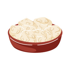 Bowl filled with white cheese Beyaz peynir cubes in cartoon. Ideal for turkish breakfast, culinary menu design. Isolated on a white background.