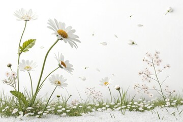 Simple white background with a few scattered flowers, calming ambiance, petals, simple