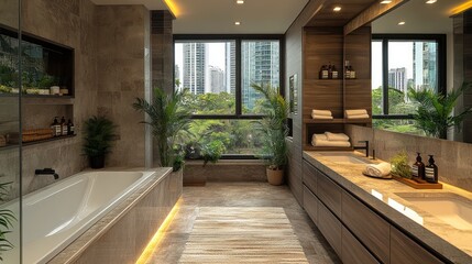 Fototapeta premium Luxurious Modern Bathroom with City View