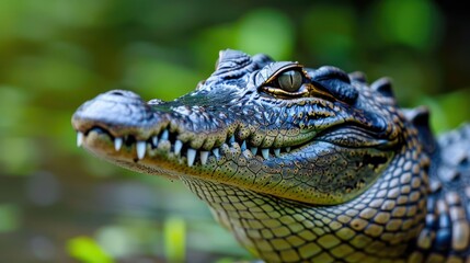 Fototapeta premium Close-up of a crocodile's head emerging from water surrounded by lush greenery