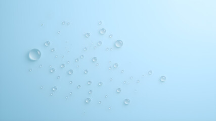 Water drops on light blue background, top view. Generative AI