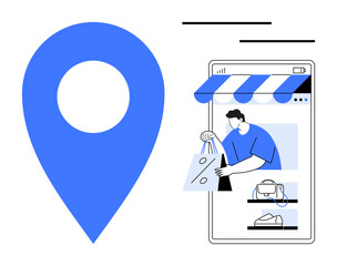 Large blue location pin next to a smartphone showing a storefront and shopper with shopping bags. Ideal for online shopping, e-commerce, mobile applications, local retail, delivery services, digital