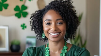 African American woman on a Zoom call, St. Patrickâ€™s Day virtual decorations in the background, accessorized with a green necklace