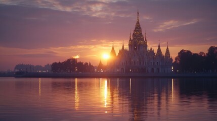 Obraz premium Sunset Silhouette of Grand Asian Temple by Water